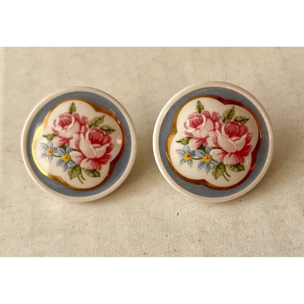 Vintage Floral Porcelain Earrings 80's 90's Roses Wild Rose